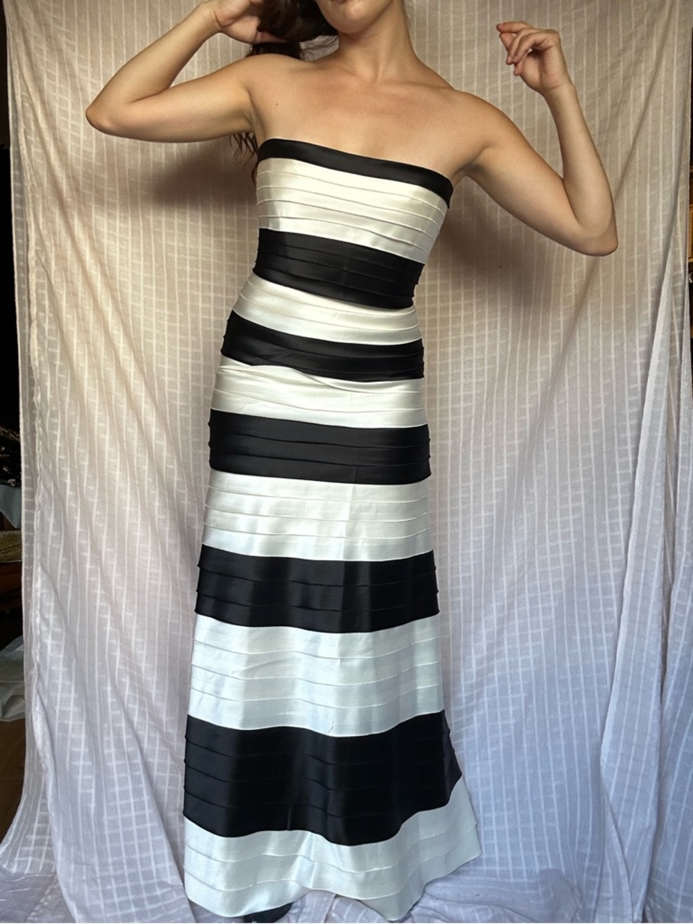 BCBGMaxAzria Black and White Strapless Tiered Maxi Dress - Picture 2 of 8